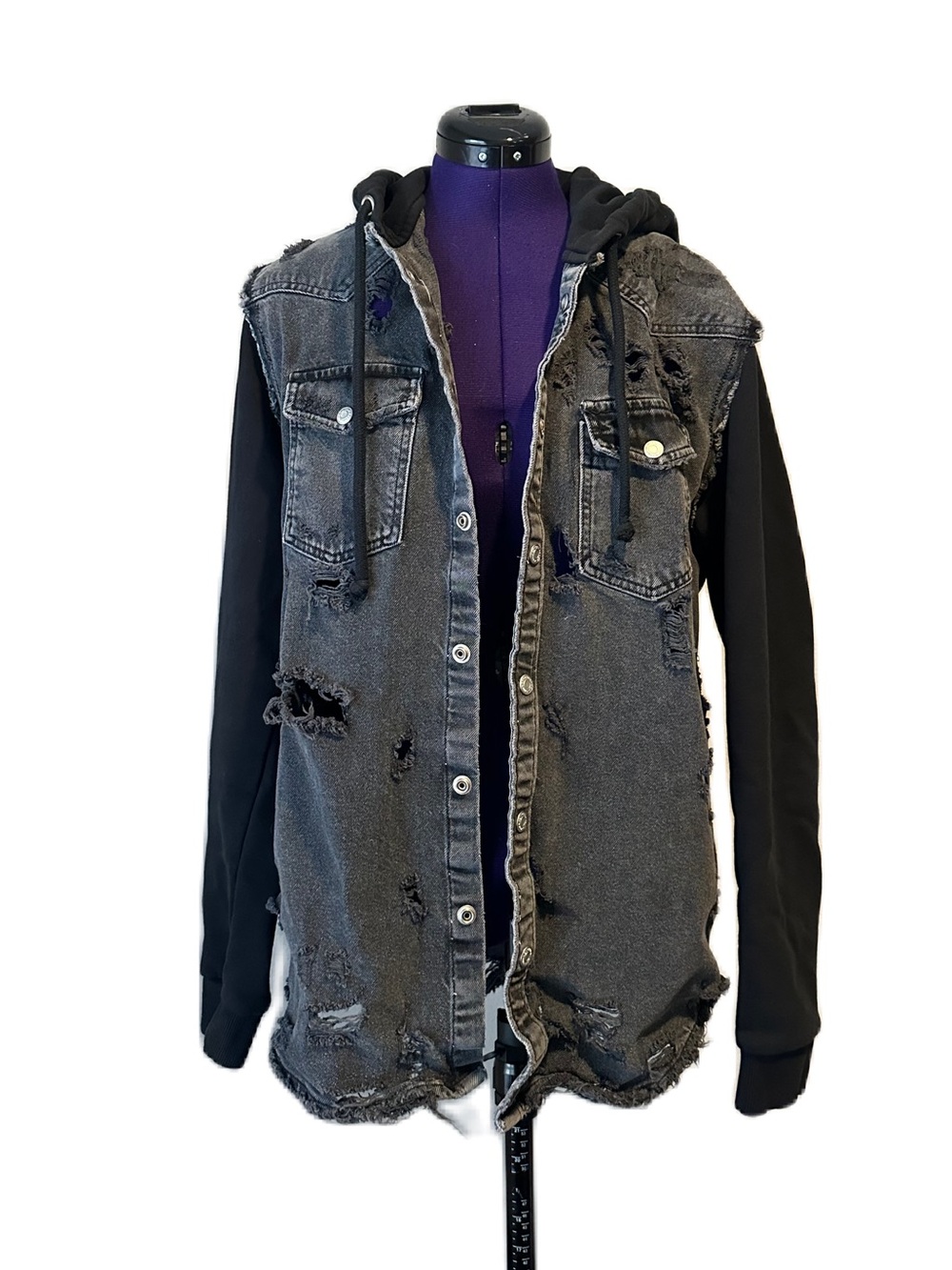 Zara Gray Black Distressed Denim Jean Jacket